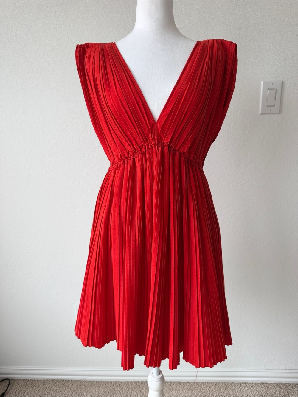 Zara Red-Orange Pleated V-Neck Midi Dress